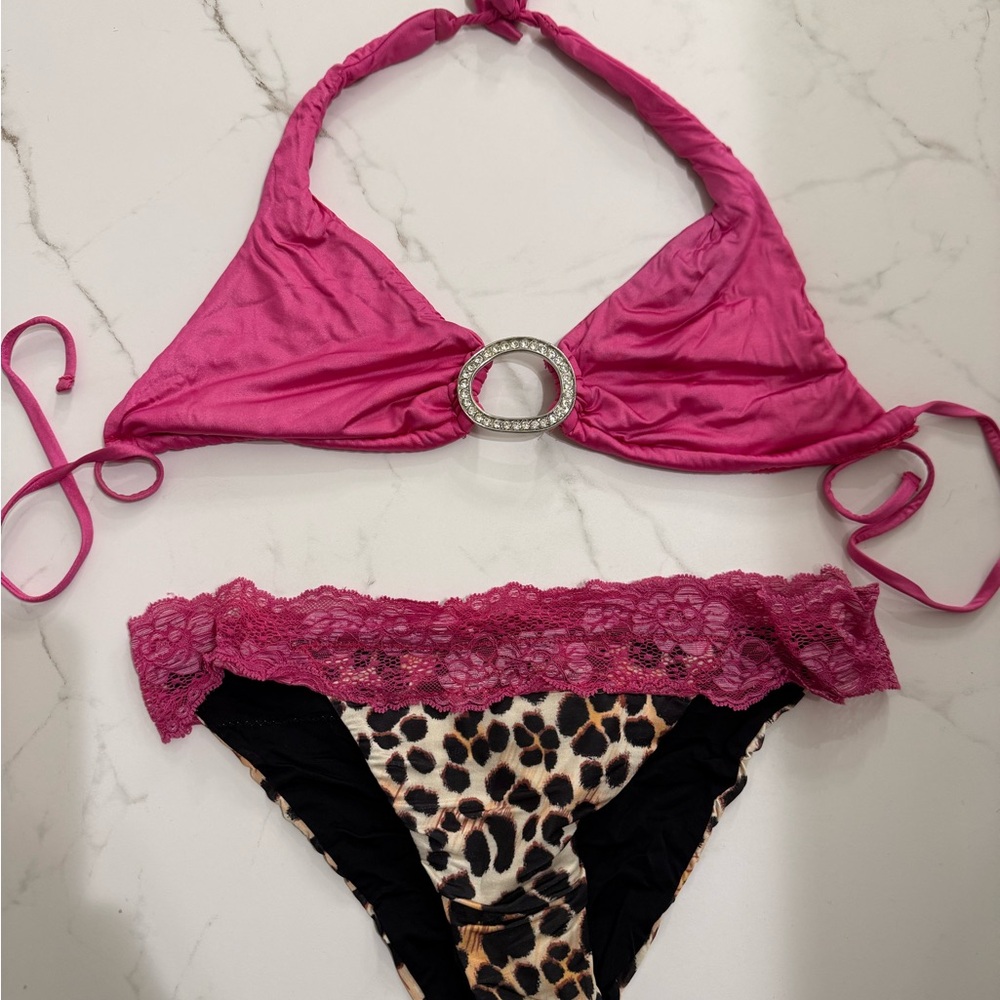 Beach Bunny Hot Pink Bikini Top with Leopard & Lace Bottom